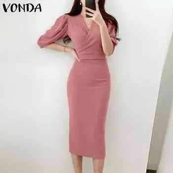 VONDA Элегантное женское офисное облегающее платье с v-образным вырезом и рукавами 3/4 на молнии