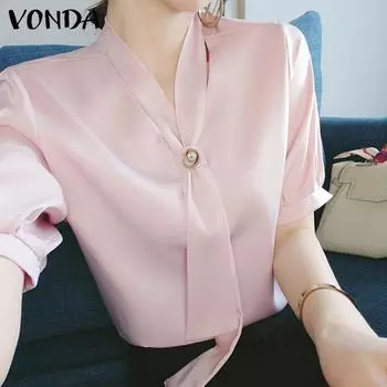 VONDA Элегантные летние женские атласные блузки с короткими рукавами Топы
