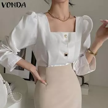 VONDA Элегантные женские топы с квадратным воротником на пуговицах и длинными рукавами