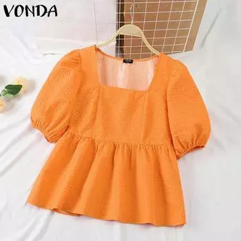 VONDA Элегантные женские топы с пышными рукавами и квадратным вырезом 3XL оранжевый