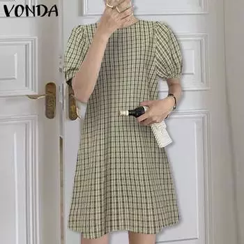 VONDA клетчатое женское повседневное свободное мини-платье с короткими пышными рукавами