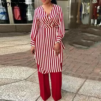 VONDA костюмы из двух предметов женские с длинным рукавом в полоску длинные рубашки и брючные костюмы S чёрный