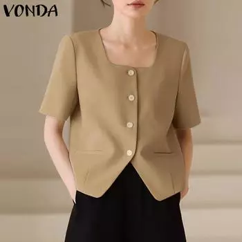 VONDA квадратный воротник женский повседневный свободный блейзер с коротким рукавом топы