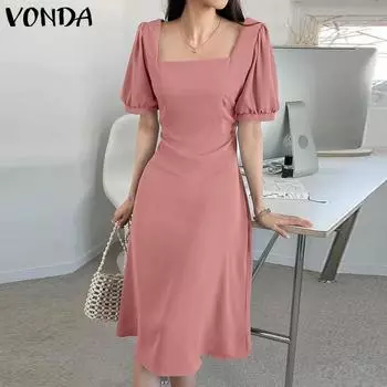 VONDA летнее элегантное женское платье миди с квадратным вырезом и пышными рукавами