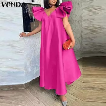 VONDA Летнее женское длинное платье без рукавов с V-образным вырезом и оборками S оранжевый