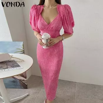 VONDA Летнее женское длинное платье в горошек с v-образным вырезом и короткими рукавами