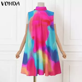 VONDA Летнее женское красочное вечернее короткое платье без рукавов трапециевидной формы