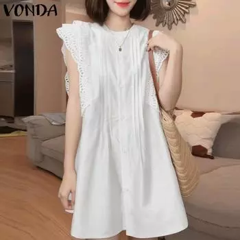 VONDA Летнее женское кружевное вязаное крючком многослойное подол без рукавов с оборками повседневное платье S розовый