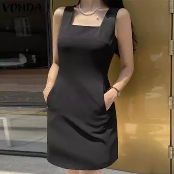 VONDA Летнее женское мини-платье без рукавов с квадратным воротником 5XL фиолетовый