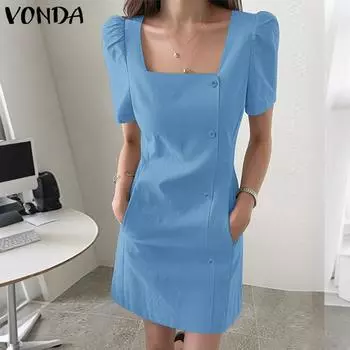 VONDA Летнее женское облегающее мини-платье с квадратным воротником и короткими рукавами-фонариками, облегающее на талии, офисное платье S хаки