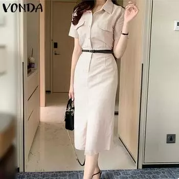 VONDA летнее женское однотонное длинное платье-рубашка с коротким рукавом