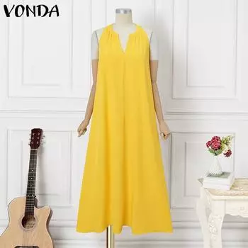 VONDA Летнее женское платье с V-образным вырезом, без рукавов, однотонное, повседневное, для вечеринок, длинное, расклешенное M жёлтый