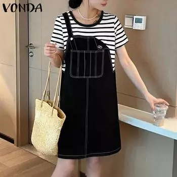 VONDA Летнее женское платье-туника с круглым вырезом и короткими рукавами в полоску в стиле пэчворк S чёрный