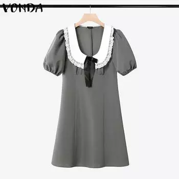 VONDA Летнее женское платье в стиле колледжа с глубоким U-образным вырезом, рукавами-фонариками и кружевным подолом S темно-розовый