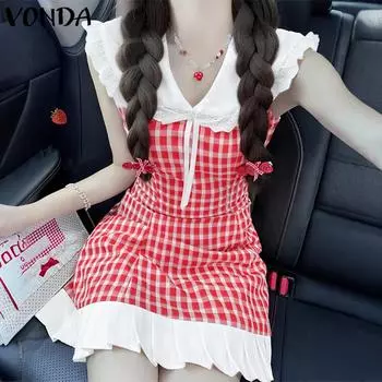 VONDA Летнее женское повседневное мини-платье с кукольным воротником, без рукавов, с клетчатым принтом и кружевным подолом в стиле пэчворк S красный