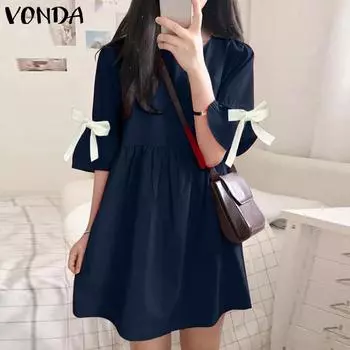 VONDA Летнее женское повседневное плиссированное платье-туника с коротким рукавом и бантом S жёлтый