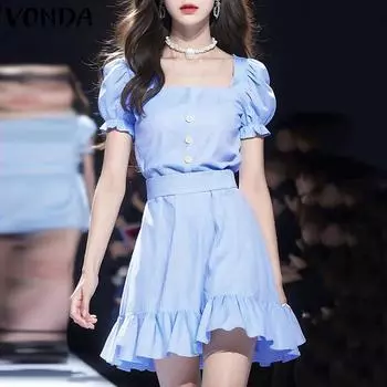 VONDA Летнее женское повседневное плиссированное платье в полоску с квадратным воротником и рукавами-фонариками S синий