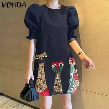 VONDA Летнее женское повседневное свободное мини-платье с пышными рукавами и принтом