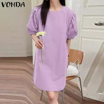 VONDA Летнее женское повседневное свободное платье-миди с пышными рукавами и короткими рукавами