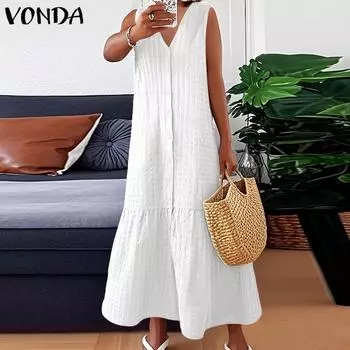VONDA Летнее женское V-образный вырез без рукавов на пуговицах текстура повседневное плиссированное платье M белый