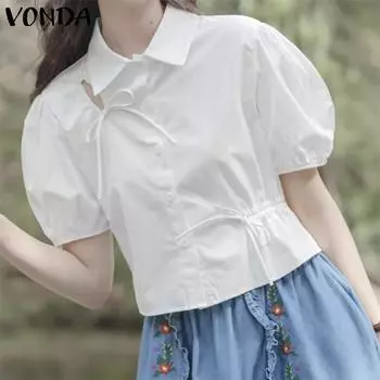VONDA Летние фонарики с короткими рукавами и шнурком, повседневные простые рубашки