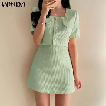 VONDA летние женские 2 шт. короткие топы с квадратным воротником трапециевидной формы, мини-юбки, костюмы