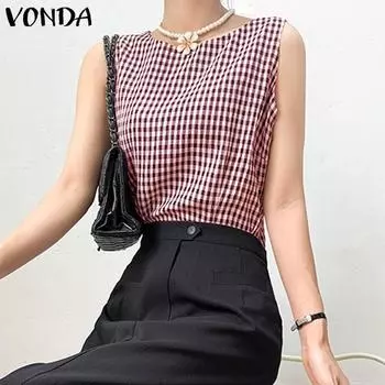 VONDA Летние женские элегантные клетчатые топы без рукавов в клетку