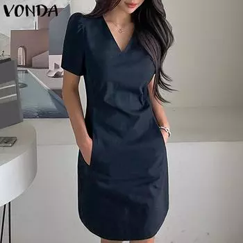 VONDA Летние женские элегантные платья с V-образным вырезом и коротким рукавом, с заниженной талией и карманами S зелёный