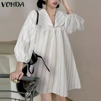 VONDA летние женские элегантные платья в полоску с кукольным вырезом и длинными рукавами S синий