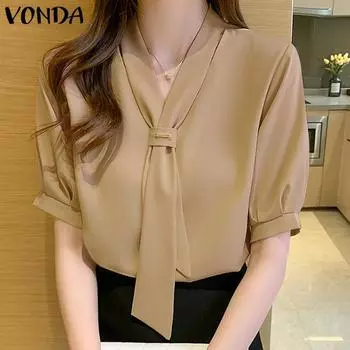 VONDA Летние женские блузки-фонарики с коротким рукавом и V-образным вырезом S хаки