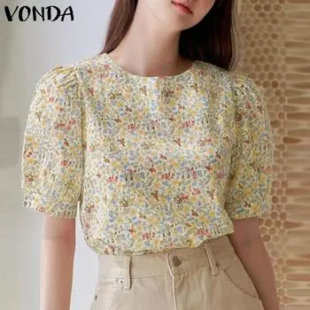 VONDA Летние женские хлопковые топы с цветочным принтом и пышными рукавами