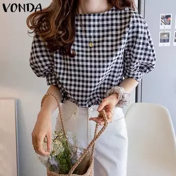 VONDA Летние женские клетчатые топы с короткими рукавами-фонариками