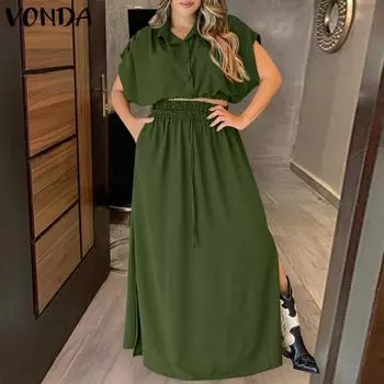 VONDA летние женские комплекты из двух предметов с короткими рукавами, рубашки с эластичной резинкой на талии, длинные юбки, повседневные свободные костюмы M зелёный