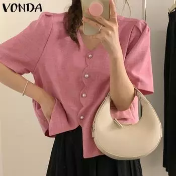 VONDA Летние женские короткие пышные рукава на пуговицах для отдыха Блейзер Топы