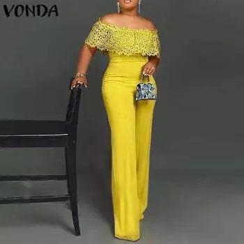 VONDA Летние женские модные элегантные вечерние комбинезоны без рукавов с открытыми плечами, повседневные однотонные длинные комбинезоны, брюки-палаццо, большие размеры 5XL жёлтый