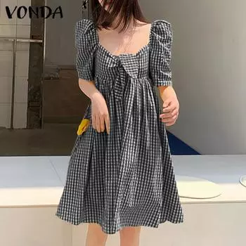 VONDA Летние женские модные клетчатые праздничные платья-миди с короткими рукавами и квадратным воротником в корейском стиле, винтажные вечерние свободные платья больших размеров, Vestidos