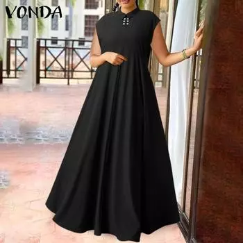 VONDA Летние женские модные плиссированные длинные платья для вечеринок с воротником с лацканами и пуговицами без рукавов, однотонные мешковатые платья для выпускного вечера, большие размеры