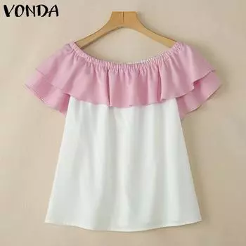 VONDA Летние женские однотонные повседневные футболки с коротким рукавом и оборками на одно плечо 2XL