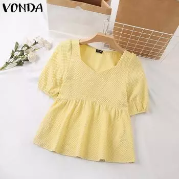 VONDA Летние женские однотонные топы с квадратным вырезом и пышными рукавами