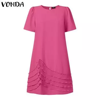 VONDA Летние женские платья с круглым вырезом и оборками, с короткими рукавами XL розовый