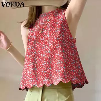 VONDA Летние женские повседневные майки с круглым вырезом и цветочным принтом 5XL красный