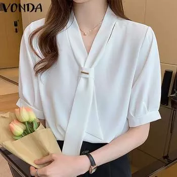 VONDA Летние женские повседневные офисные блузки с коротким рукавом и V-образным вырезом S хаки