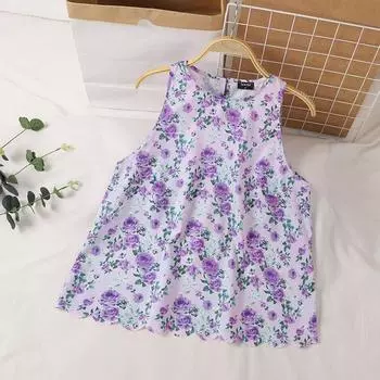VONDA Летние женские повседневные праздничные плиссированные майки с круглым вырезом без рукавов с цветочным принтом 5XL фиолетовый