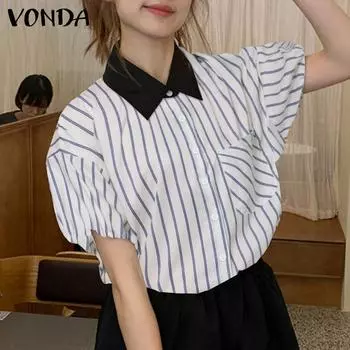 VONDA Летние женские повседневные рубашки в полоску с короткими рукавами и пышными рукавами