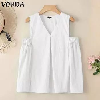 VONDA Летние женские повседневные топы с V-образным вырезом без рукавов с оборками S белый