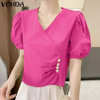 VONDA Летние женские пышные однотонные топы с короткими рукавами и V-образным вырезом
