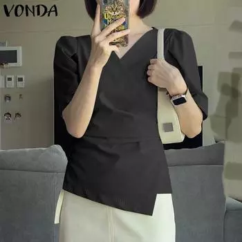 VONDA Летние женские пышные топы с короткими рукавами и V-образным вырезом