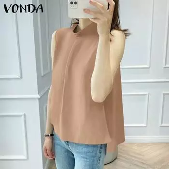 VONDA Летние женские топы без рукавов с воротником-стойкой 5XL хаки