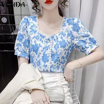 VONDA Летние женские топы с цветочным принтом, пышная блузка с коротким рукавом и квадратным вырезом