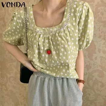 VONDA Летние женские топы с квадратным вырезом и цветочным принтом